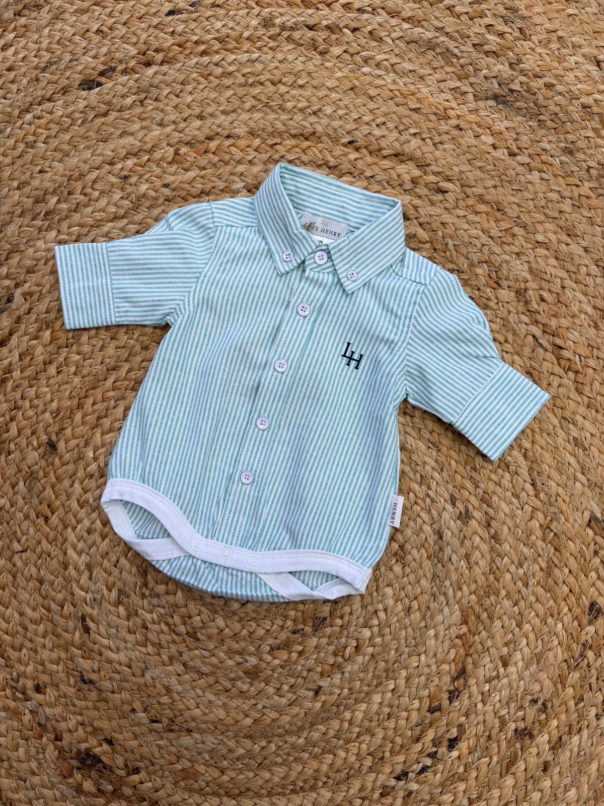 Baby boys green stripe romper dress shirt at Tajoh and GG