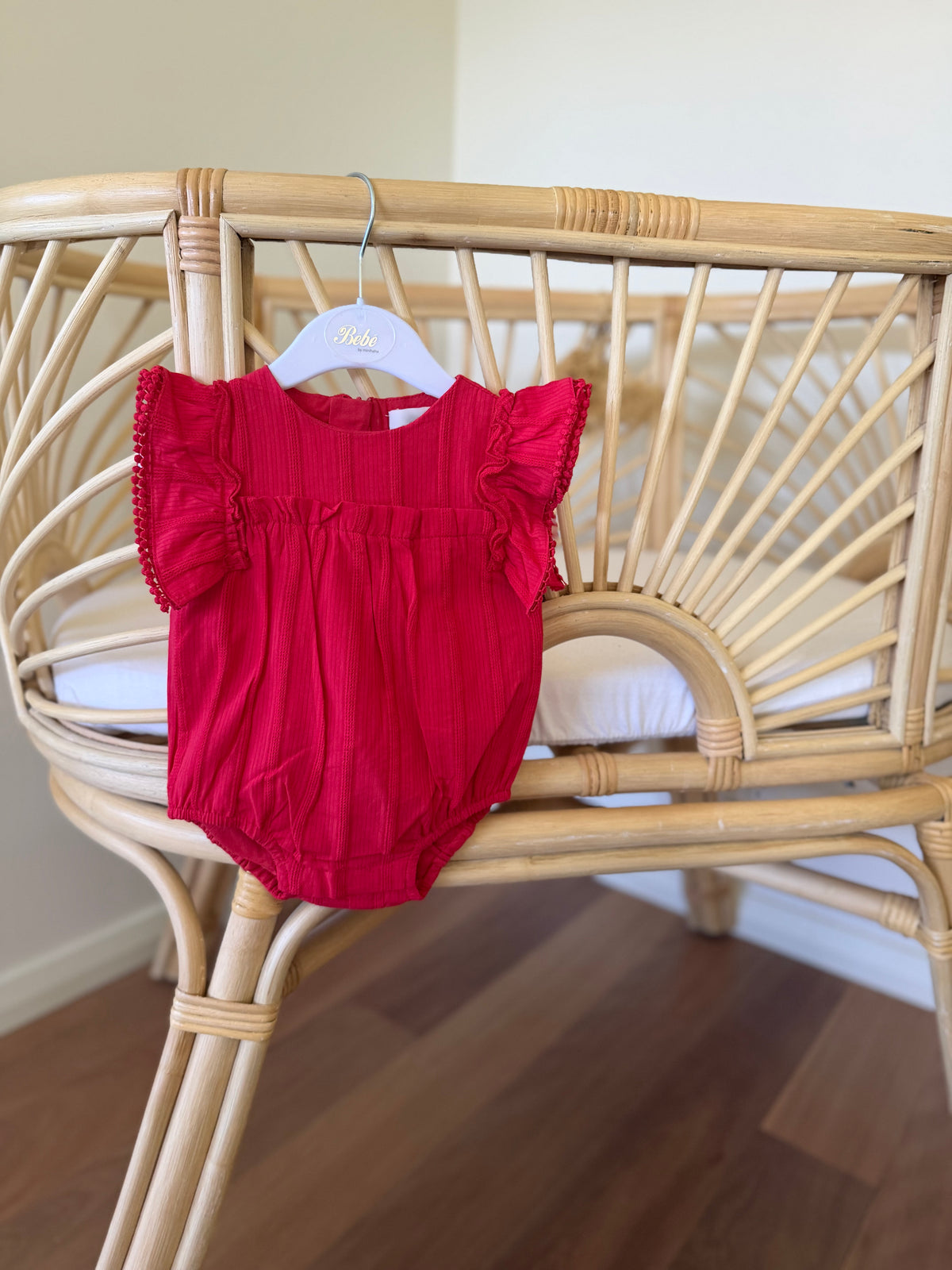 Red baby romper with ruffle shoulders baby matching Christmas outfits at Tajoh and gg
