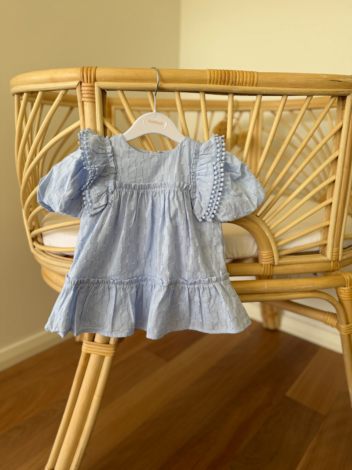 Blue puff sleeve baby dress with ruffle shoulders matching girls dress available Tajoh and gg