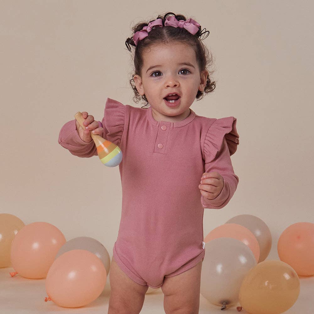 Jewel Pink Rib Long Sleeve Organic Bodysuit with Frill