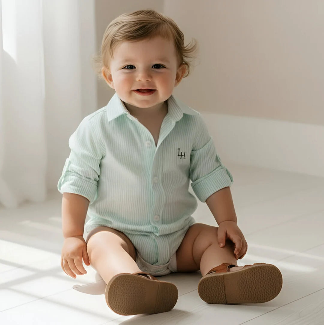 Baby Boys Oxford Dress Shirt Romper - Mint Stripe