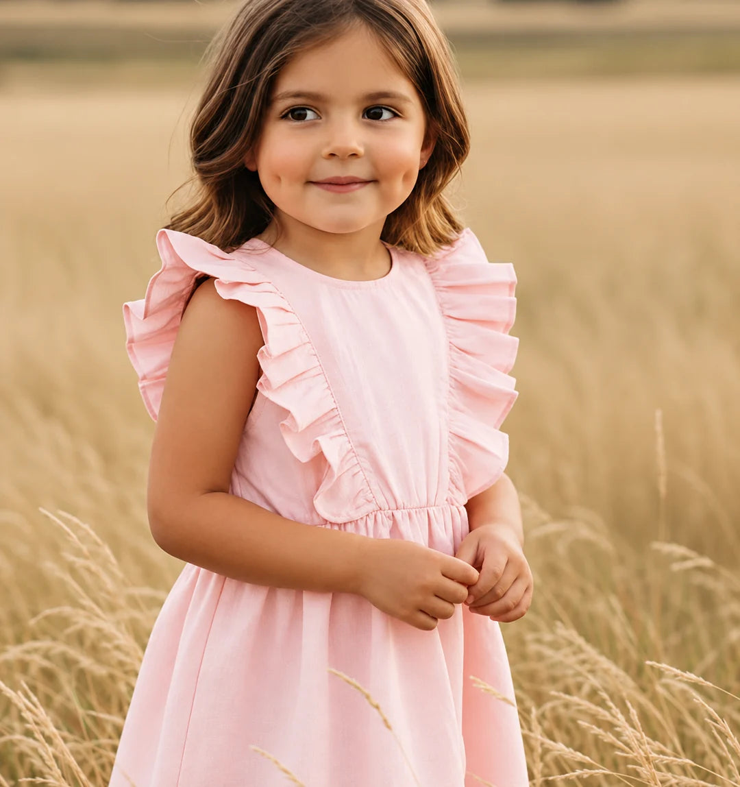 Girls Florence Summer Dress Pink Linen
