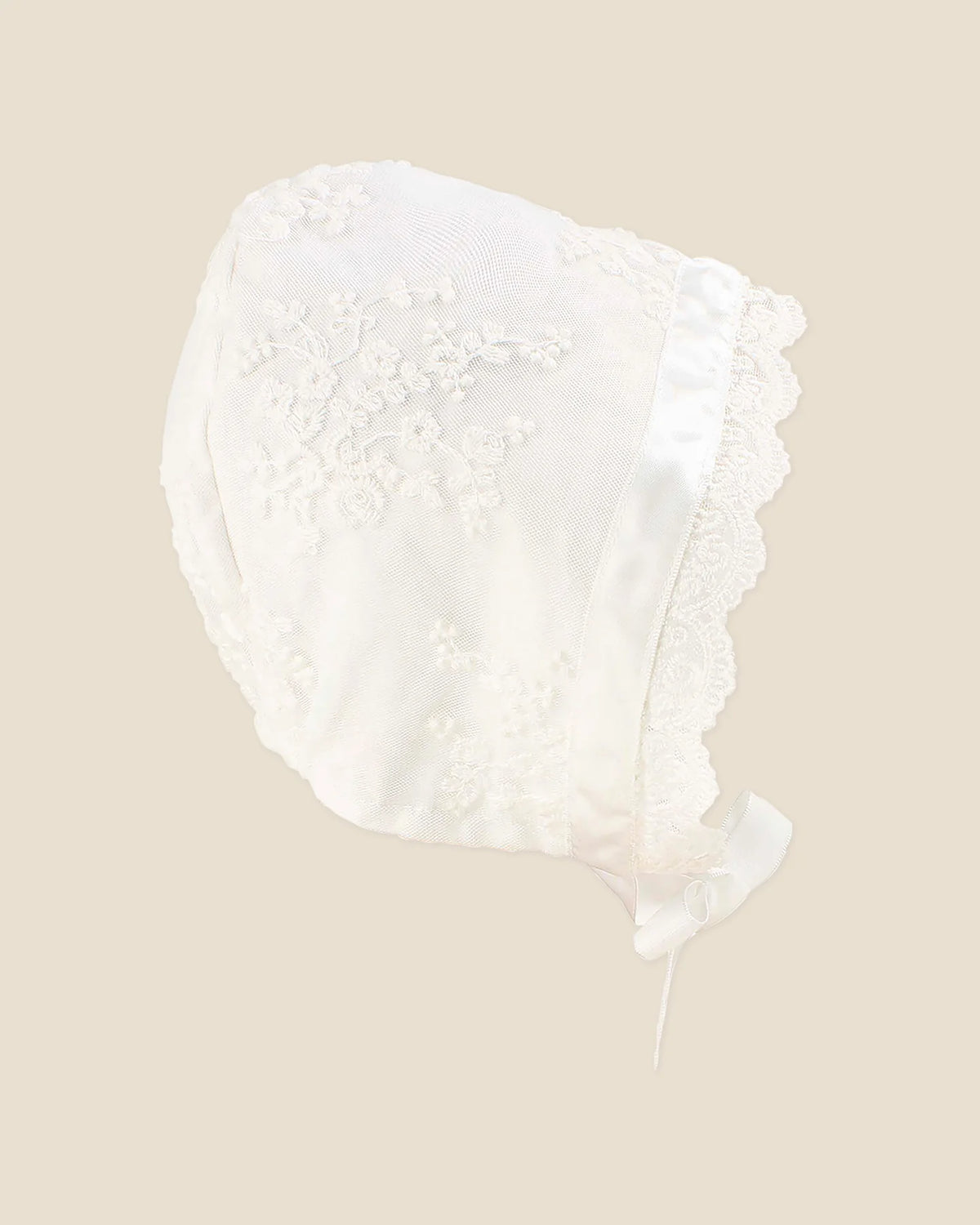 Lace baby baptism christening bonnet at Tajoh & GG