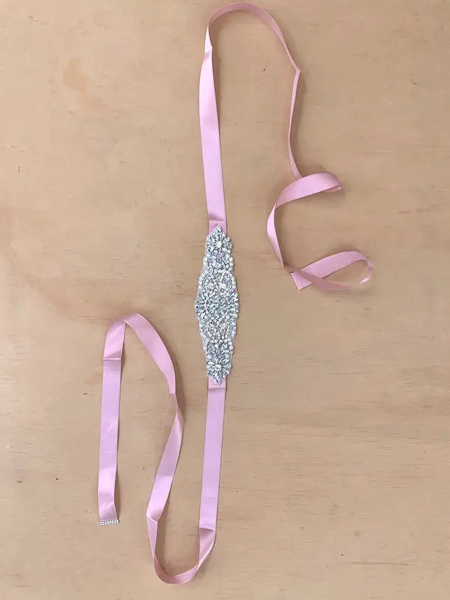Girls Diamante Sash Belt - Dusty Pink - Silver Diamantes