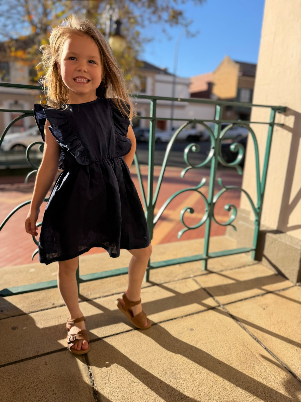 Girls Florence Dress - Navy Linen