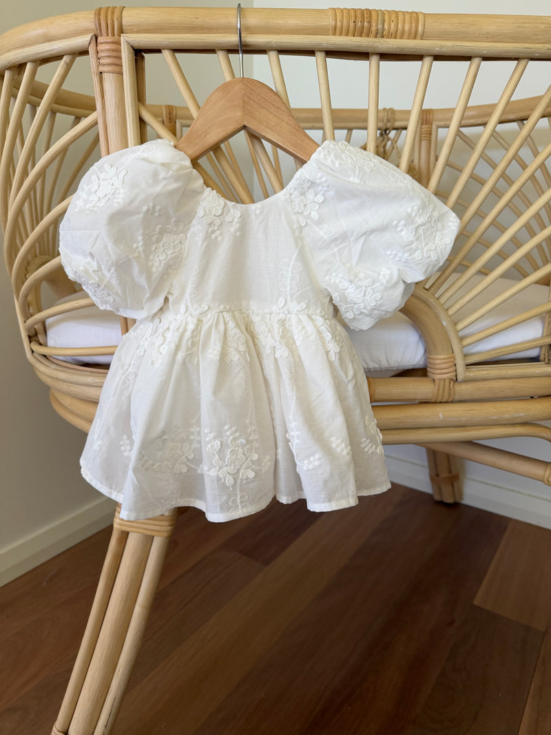 White baby puff sleeve dress with bow at back, baby special occasion white dress at Tajoh and GG