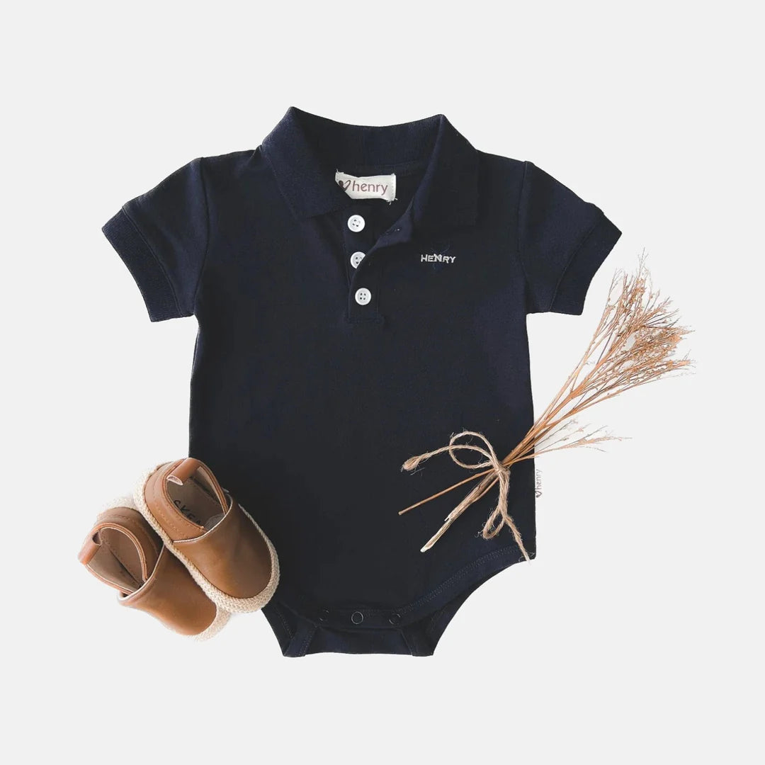 BABY BOYS POLO ROMPER - NAVY