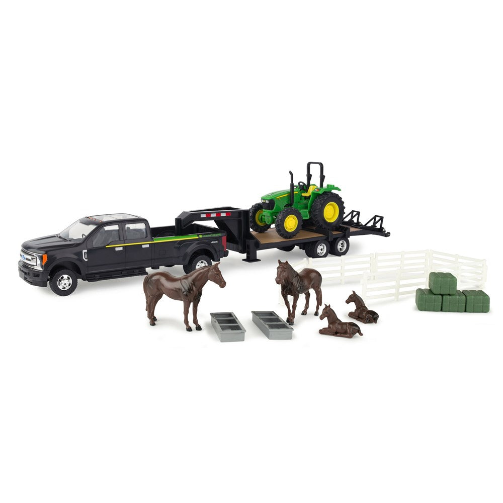 1:32 JD 5075E TRACTOR HAULING SET W/FORD PICKUP AND TRAILE