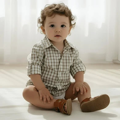 Baby boys check dress romper button up dress shirt at Tajoh and gg