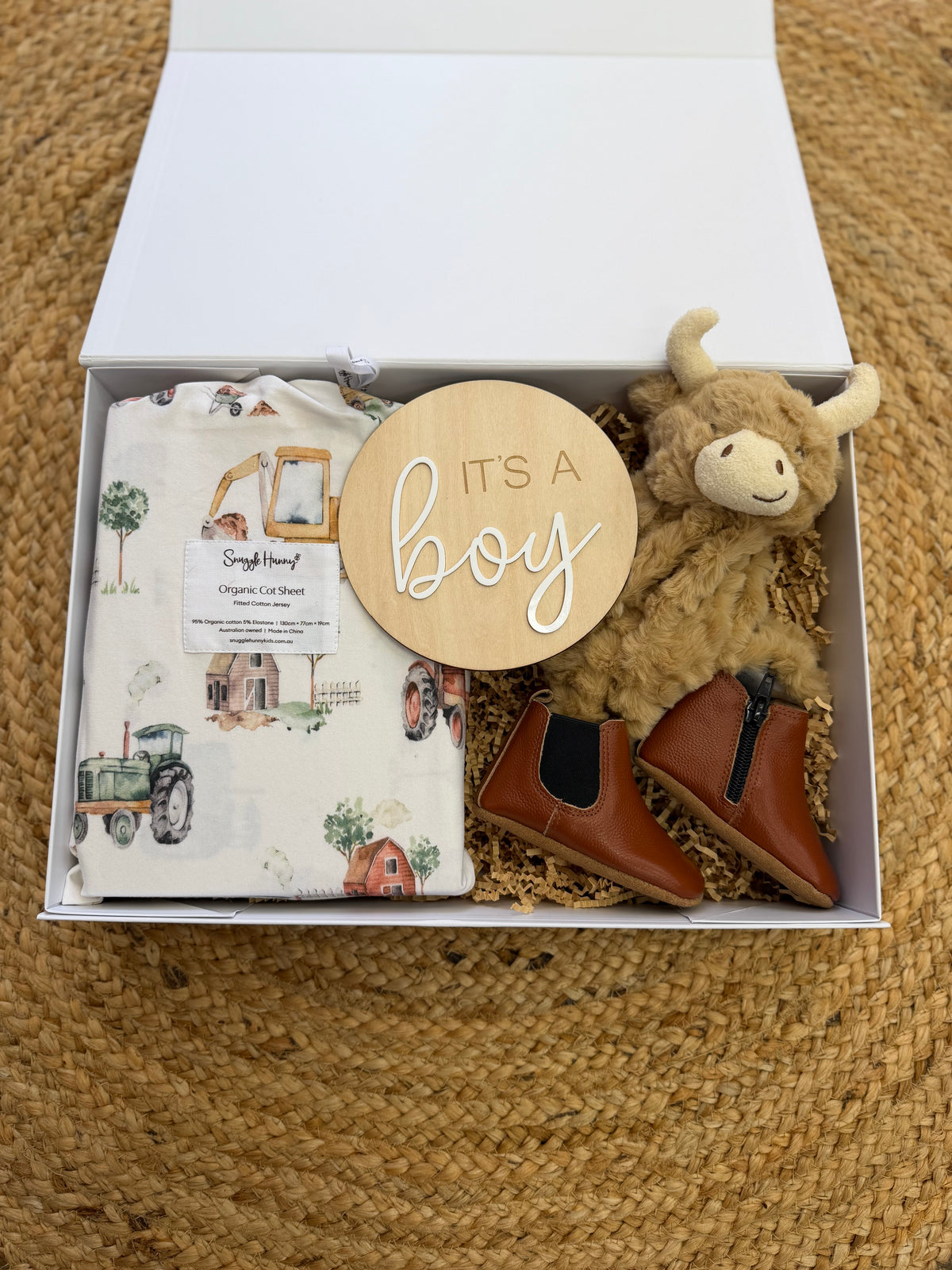 Diggers and tractors baby gift hamper with boots and baby comforter highland cow at Tajoh & GG birth announcement box 