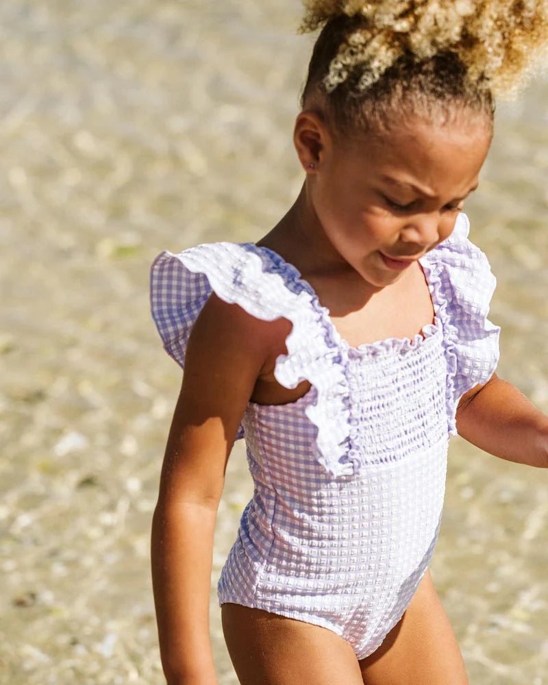 Purple gingham kids swimmers Tajoh and gg