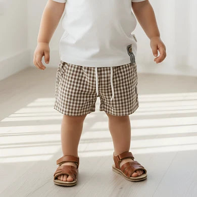Baby boys brown check gingham shorts at Tajoh & GG